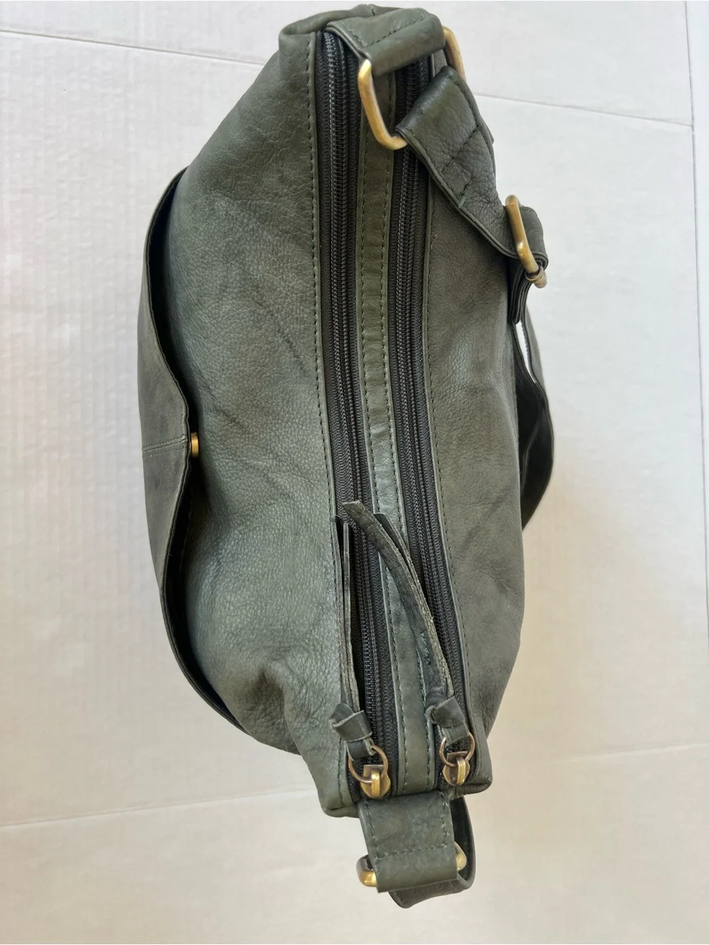Great American LeatherWorks Slate Green Washed Leather Multi-Pocket Hobo Bag